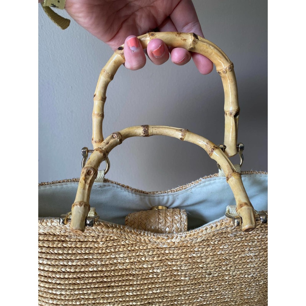 Vintage Natural Straw Tote with Bamboo Handles - Picture 2 of 5